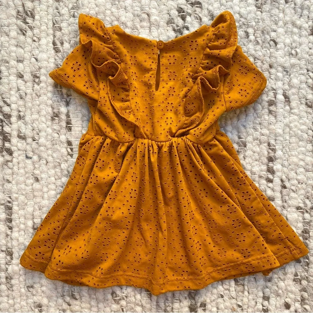 Blueberi Boulevard Eyelet Flutter Dress in Mustard, Size 12M